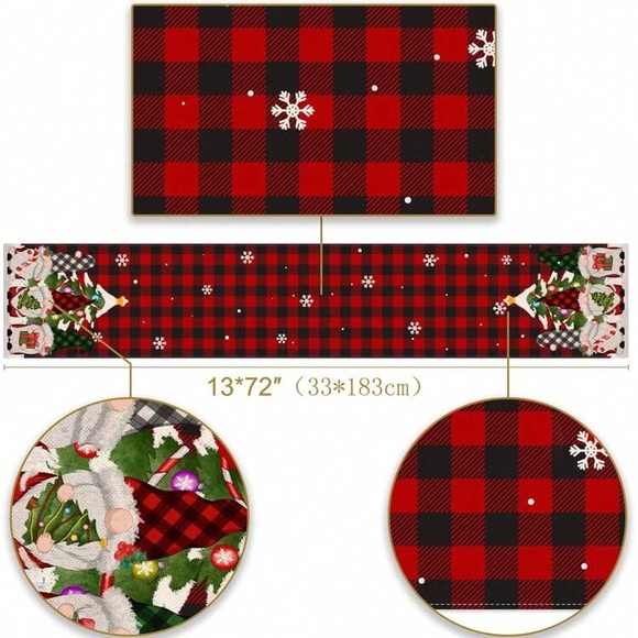 NWT- Red & Black Buffalo Check- Christmas Gnomes Holiday Table Runner 72x13 - Picture 3 of 5